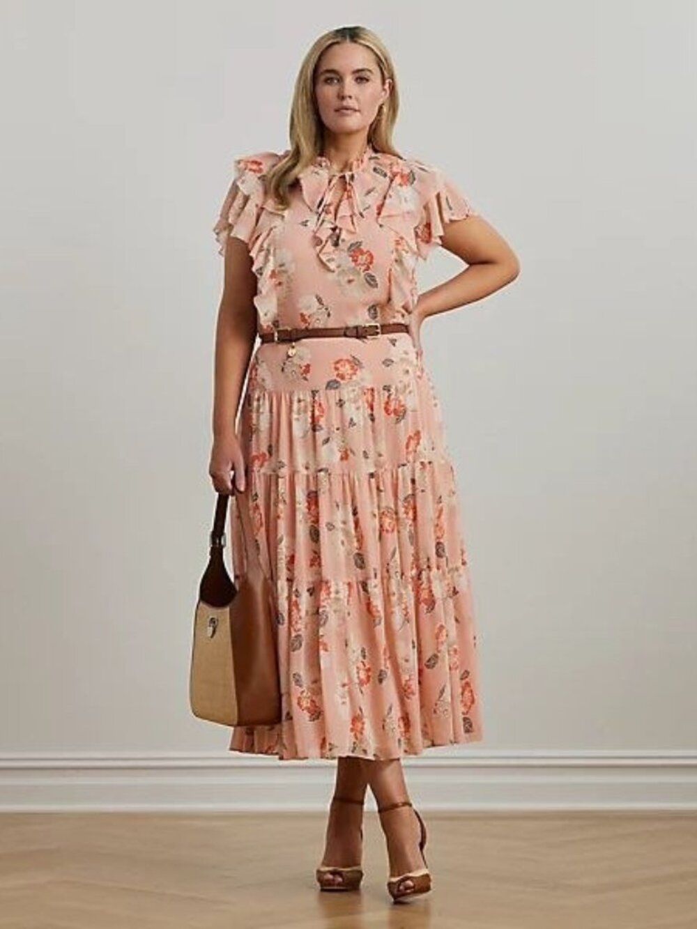 $135 Lauren Ralph Lauren Floral Ruffle-Trim Georgette Blouse Pink Size 2X